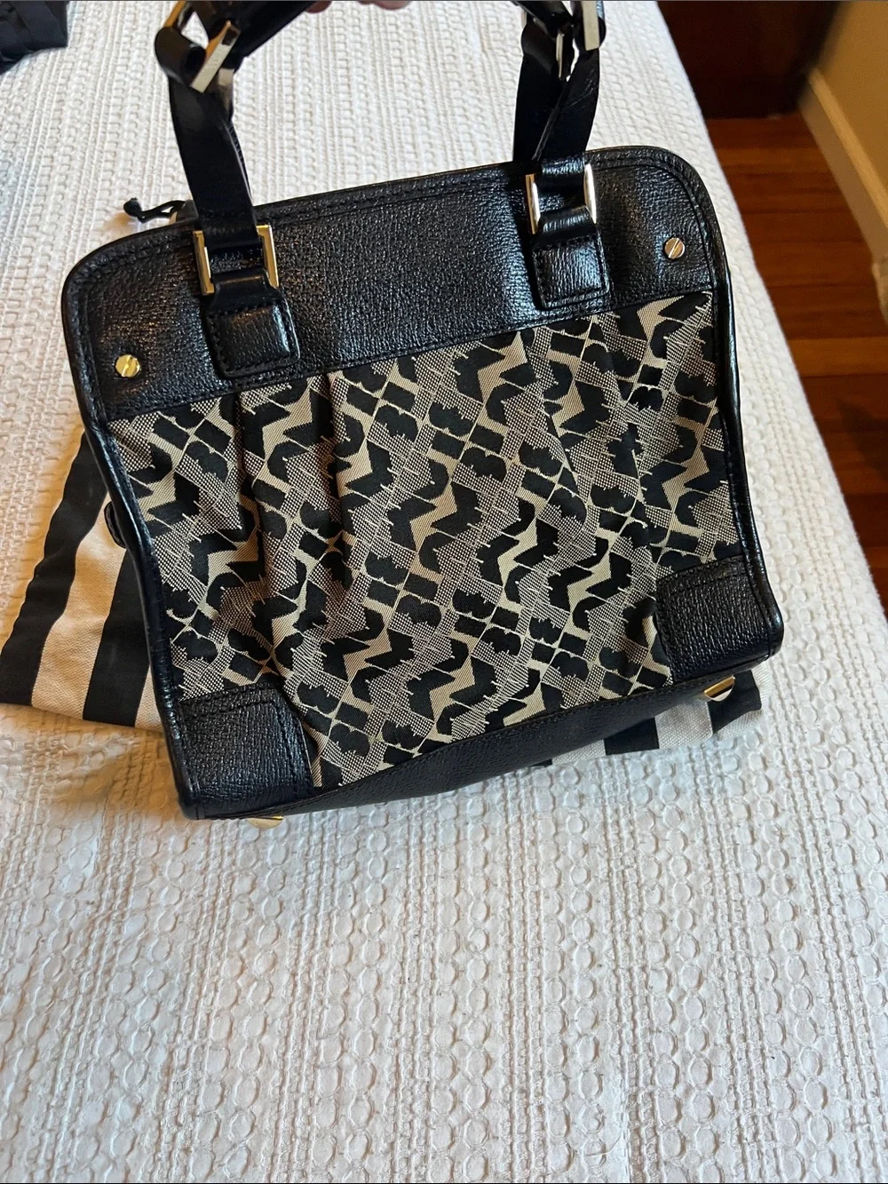 L.A.M.B. Black, Cream & Yellow Patterned Satchel with Gold Hardware
